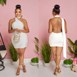 Solid Color One Shoulder Backless Chains Short Party Dress