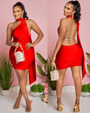 Solid Color One Shoulder Backless Chains Short Party Dress