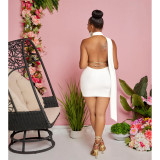 Solid Color One Shoulder Backless Chains Short Party Dress