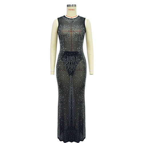 Crystal Mesh Sleeveless Long Party Dress