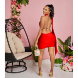 Solid Color One Shoulder Backless Chains Short Party Dress