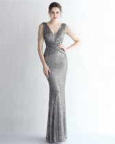 Sequins + Beads Tassel Sleeve V-Neck Mermaid Evening Dress