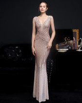 Sequined Sleeveless V Neck Mermaid Evening Dress