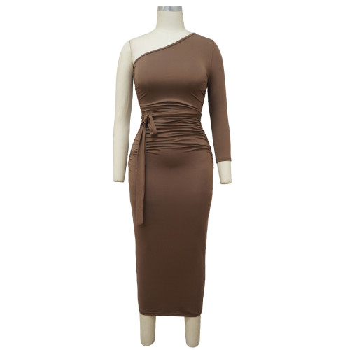 Solid Color Scrunch Butt Sexy One Shoulder Midi Dress