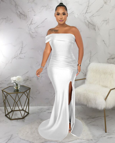 Solid Color Slash Shoulder Side Slit Mermaid Evening Dress