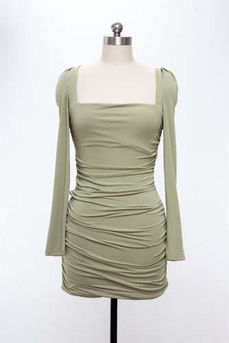 Solid Color Pleated Lace-Up Back Long Sleeves Mini Dress
