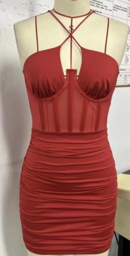 Solid Color Pleated Halter Corset Dress