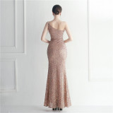 Sequins + Beaded Tassel Sleeve One Shoulder Side Slit Evening Dress