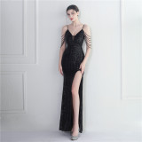 Sequins + Beaded Tassel Sleeve Straps Fishtail Evening Dress