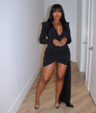 Solid Color V-Neck Long Sleeved Wrapped Mini Dress
