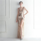 Sequins + Beaded Tassel Sleeve V-Neck Side Slit Evening Dress