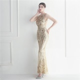 Sequins + Beaded Tassel Sleeve O-Neck Fishtail Evening Dress