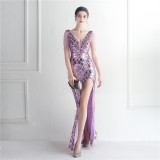 Sequins + Beaded Tassel Sleeve V-Neck Side Slit Evening Dress