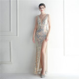 Sequins + Beaded Tassel Sleeve V-Neck Side Slit Evening Dress