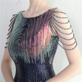 Sequins + Beaded Tassel Sleeve O-Neck Fishtail Evening Dress