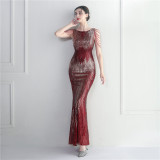 Sequins + Beaded Tassel Sleeve O-Neck Fishtail Evening Dress