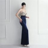 Sequins + Beaded Tassel Sleeve Straps Side Slit Velvet Evening Dress