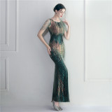 Sequins + Beaded Tassel Sleeve O-Neck Fishtail Evening Dress