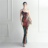 Sequins + Beaded Tassel Sleeve One Shoulder Fishtail Evening Dress