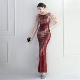 Sequins + Beaded Tassel Sleeve O-Neck Fishtail Evening Dress