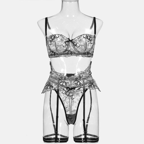 Sexy See Thrugh Flower Garter Lingerie Set
