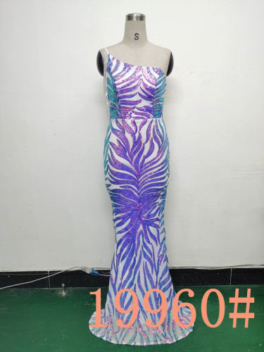 Sequins + Beaded Tassel Sleeve One Shoulder Fishtail Evening Dress