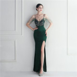 Sequins + Beaded Tassel Sleeve Straps Side Slit Velvet Evening Dress