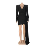 Solid Color V-Neck Long Sleeved Wrapped Mini Dress