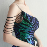 Sequins + Beaded Tassel Sleeve One Shoulder Fishtail Evening Dress