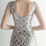 Sequins + Beaded Tassel Sleeve V-Neck Side Slit Evening Dress
