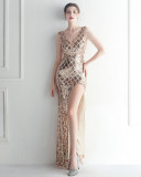 Sequins + Beaded Tassel Sleeve V-Neck Side Slit Evening Dress
