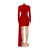 Solid Color V-Neck Long Sleeved Wrapped Mini Dress