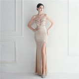 Sequins + Beaded Tassel Sleeve Straps Side Slit Velvet Evening Dress