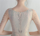 Sequins + Beaded Tassel Sleeve O-Neck Fishtail Evening Dress