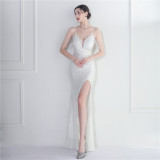 Sequins + Beaded Tassel Sleeve Straps Fishtail Evening Dress