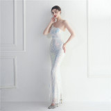 Sequins + Beaded Tassel Sleeve One Shoulder Fishtail Evening Dress