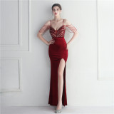Sequins + Beaded Tassel Sleeve Straps Side Slit Velvet Evening Dress