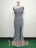 Sequins + Beaded Tassel Sleeve One Shoulder Side Slit Evening Dress