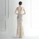 Sequins + Beaded Tassel Sleeve V-Neck Side Slit Evening Dress