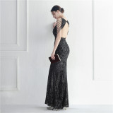 Sequins + Beaded Tassel Sleeve O-Neck Fishtail Evening Dress