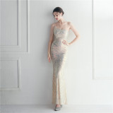 Sequins + Beaded Tassel Sleeve One Shoulder Fishtail Evening Dress