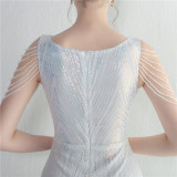 Sequins + Beaded Tassel Sleeve O-Neck Fishtail Evening Dress