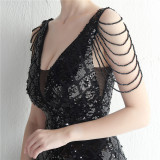 Sequins + Beaded Tassel Sleeve V-Neck Side Slit Evening Dress