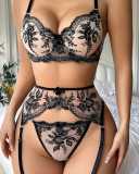 Embroidery Flower Garter Lingerie Set