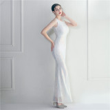 Sequins + Beaded Tassel Sleeve O-Neck Fishtail Evening Dress