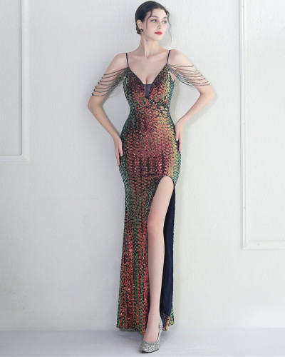 Sequins + Beaded Tassel Sleeve Straps Fishtail Evening Dress