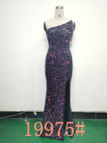 Sequins + Beaded Tassel Sleeve One Shoulder Side Slit Evening Dress