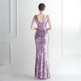 Sequins + Beaded Tassel Sleeve V-Neck Side Slit Evening Dress