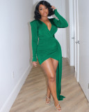 Solid Color V-Neck Long Sleeved Wrapped Mini Dress