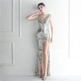 Sequins + Beaded Tassel Sleeve V-Neck Side Slit Evening Dress